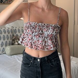 Free People White and Red Smocked Ruffled Camisole